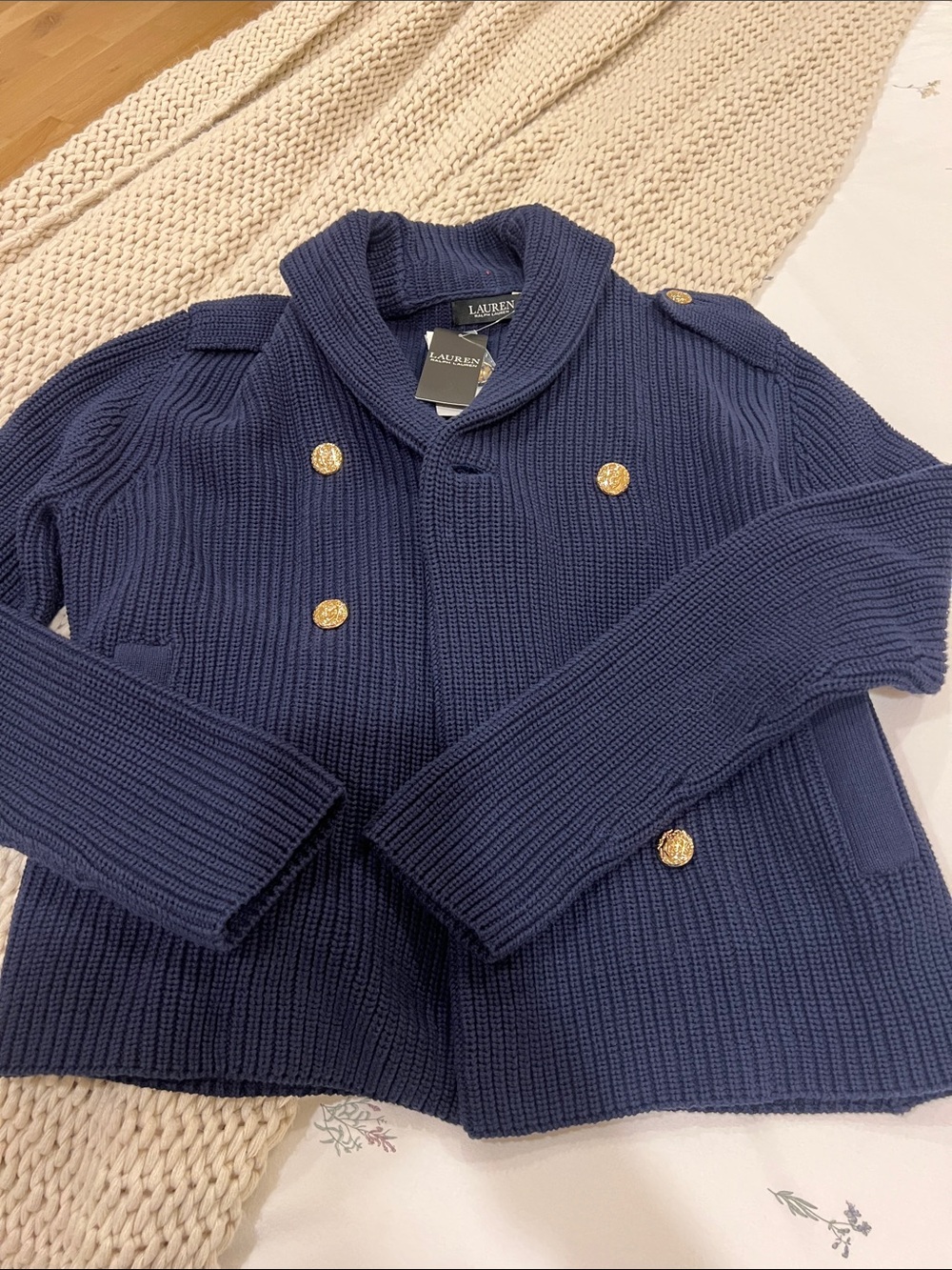 Ralph Lauren Women’s Navy Knit Pea Coat with Gold Buttons